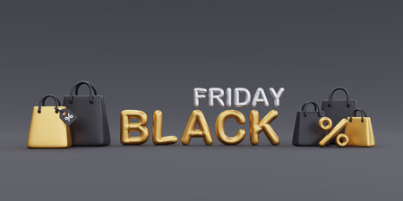 Black Friday Super Sale with opened gift boxes. Christmas and Happy New Year promotion, 3d rendering.の写真素材