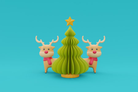 Christmas tree with cartoon character reindeer. Merry Christmas and Happy New Year. 3d rendering.の写真素材