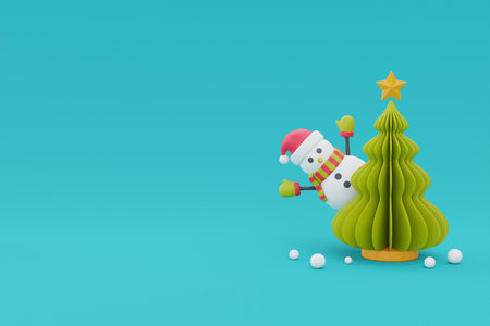 Christmas tree with cartoon character snowman. Merry Christmas and Happy New Year. 3d rendering.の写真素材