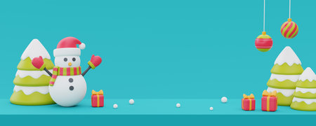 Christmas background with pine trees, snowman and christmas ornament. Merry Christmas and Happy New Year. 3d rendering.の写真素材