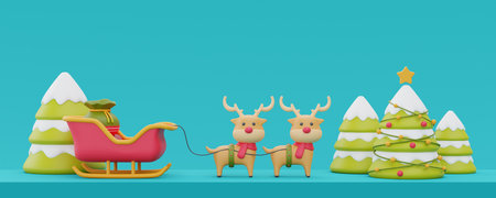 Christmas background with pine trees and reindeer sleigh ride. Merry Christmas and Happy New Year. 3d rendering.の写真素材