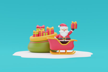 Presents sack full of gift boxes with Santa Claus sitting on a reindeer sleigh ride. Merry Christmas and Happy New Year. 3d rendering.の写真素材