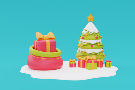 Red presents sack full of gift boxes with Christmas tree. Merry Christmas and Happy New Year. 3d rendering.の写真素材