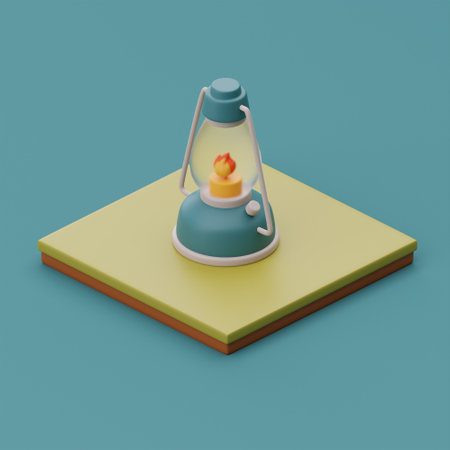 Campsite in nature with lantern, elements for camping, summer camp, traveling, trip, hiking. isometric, 3d rendering.の写真素材