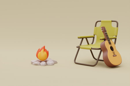 Folding camping chair with guitar and campfire, elements for camping, summer camp, traveling, trip, hiking, 3d rendering.の写真素材