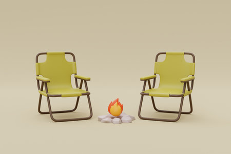Folding camping chair with campfire, elements for camping, summer camp, traveling, trip, hiking, 3d rendering.の写真素材