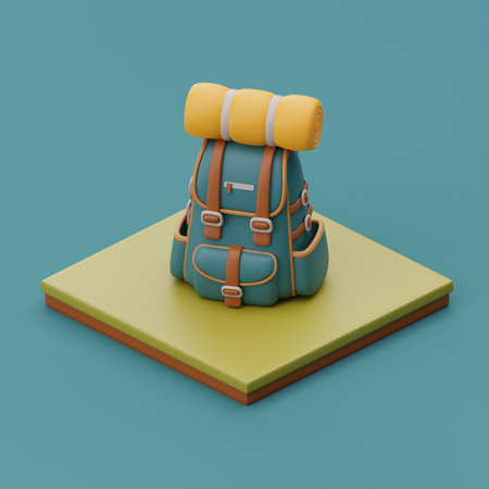 Campsite in nature with travel backpack, elements for camping, summer camp, traveling, trip, hiking. isometric, 3d rendering.の写真素材