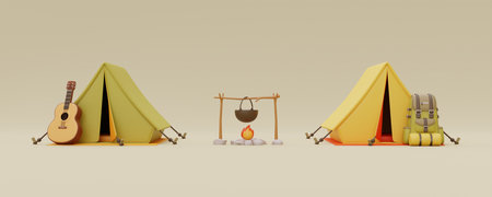 Campsite with tourist camping tent, campfire and elements for camping, summer camp, traveling, trip, hiking. 3d rendering.の写真素材