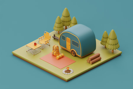 Campsite in nature with camping trailer and camping elements, summer camp, traveling, trip, hiking. isometric, 3d rendering.の写真素材