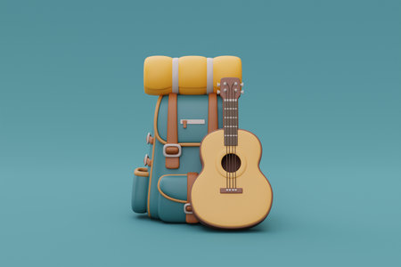 Travel backpack with guitar, elements for camping, summer camp, traveling, trip, hiking, 3d rendering.の写真素材