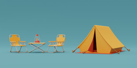 Folding camping chair with camping equipment outside tent on camping site, elements for camping, summer camp, traveling, trip, hiking, 3d rendering.の写真素材