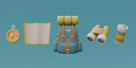 Set of elements for camping with backpack, map, compass, binoculars and flashlight, traveling, trip, hiking. 3d rendering.の写真素材