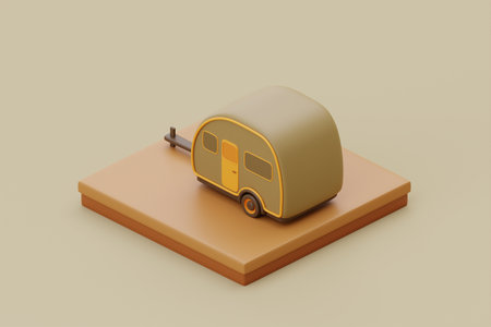 Campsite in nature with camping trailer, elements for camping, summer camp, traveling, trip, hiking. isometric, 3d rendering.の写真素材