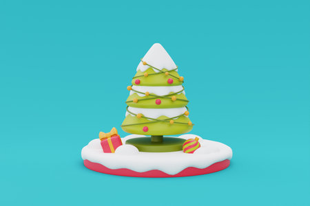 Christmas background with podium display and pine tree. Merry Christmas and Happy New Year. 3d rendering.の写真素材