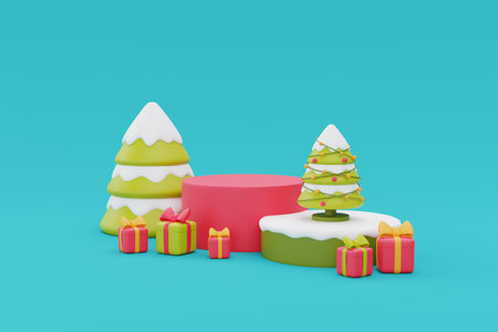 Christmas background with podium display and pine tree. Merry Christmas and Happy New Year. 3d rendering.の写真素材