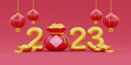 Chinese new year banner, 3D Red fortune bag full of gold and money with Golden text: happy new year 2023 on red background, Chinese Festivals, Lunar, CYN 2023, Year of the Rabbit, 3d rendering.の写真素材