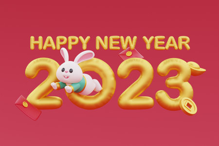 Chinese new year banner, 3D cute rabbit with Golden text: happy new year 2023 on red background,...