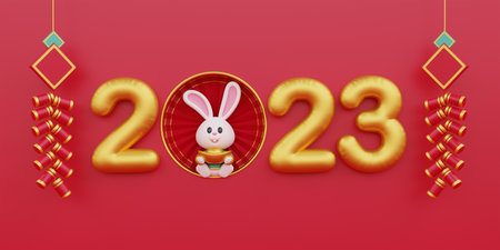 Chinese new year banner, 3D cute rabbit with Golden text: happy new year 2023 on red background, Chinese Festivals, Lunar, CYN 2023, Year of the Rabbit, 3d rendering.の写真素材