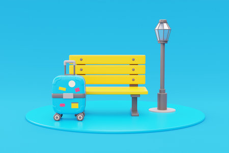 Suitcase with park wooden bench and streetlight, Tourism and travel concept, holiday vacation, nature journey, 3d render.の写真素材