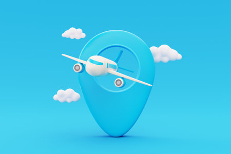 Airplane flying in clouds with location pin, Tourism and travel concept, holiday vacation, nature journey, 3d render.の写真素材