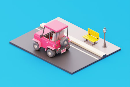 3D Red Off-road car on road, Tourism and travel concept, holiday vacation, worldwide trip journey, 3d rendering.の写真素材