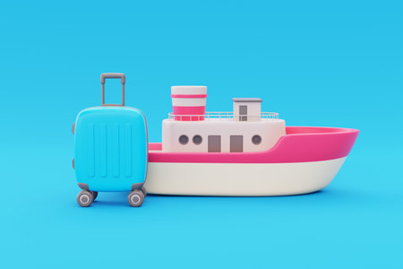 3D boat with suitcase on blue background, Ocean transport, Tourism and travel concept, holiday vacation, worldwide trip journey, 3d rendering.の写真素材