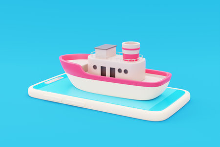 3D smartphone with boat, Ocean transport on blue background, Tourism and travel concept, holiday vacation, worldwide trip journey, 3d rendering.の写真素材