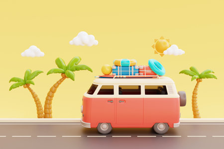 Summer time concept with van and beach elements, inflatable ring, ball, surfboard and suitcase. holiday and vacation, 3d rendering.の写真素材