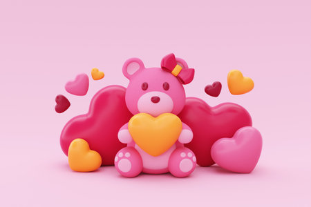 Happy Valentine's Day. Teddy bear with red and pink heart shape balloons. Promotion display...