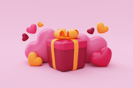 3d Gift box with heart-shaped balloons isolated on pink background. Element decor for Valentine's...