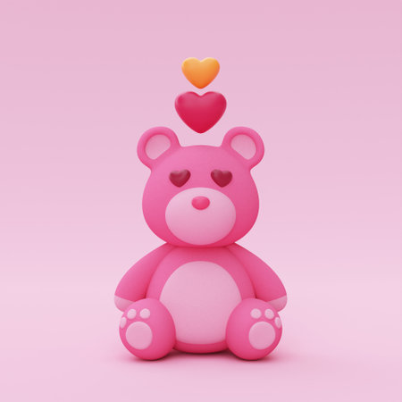 3d Cute teddy bear with heart-shape balloons isolated on pink background. Element decor for...