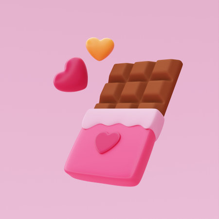 3d Chocolate with heart-shape balloons floating isolated on pink background. Happy Valentine's Day....