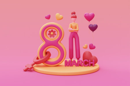 International Women's Day. 8 march. Cute woman with Number 8, female sign, hearts and flowers. femininity, diversity. Mother's Day. 3d rendering.の写真素材