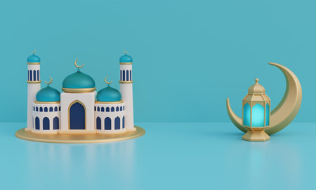 Ramadan Kareem or Eid Al Adha mubarak with mosque and gold crescent moon, lantern. Muslim Islamic festival. 3d renderingの写真素材