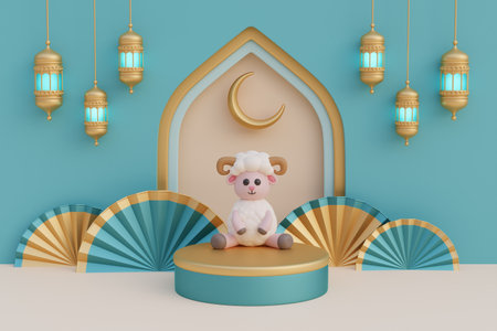 Ramadan Kareem or Eid Al Adha mubarak with cute cartoon sheep, gold lantern and crescent moon. Muslim Islamic festival, 3d renderingの写真素材