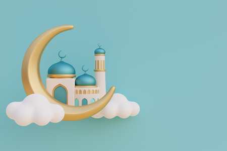 Ramadan Kareem or Eid Al Adha mubarak with mosque and gold crescent moon, lantern. Muslim Islamic festival. 3d renderingの写真素材