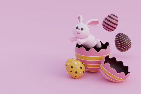Happy Easter day. Cute bunny with Pink and chocolate easter eggs. International Spring Celebration. 3d rendering.の写真素材
