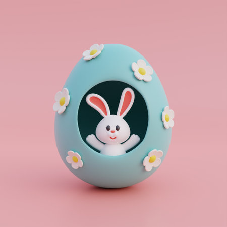 Cute cartoon bunny and easter eggs isolated on pink background. Happy Easter day. International Spring Celebration. 3d rendering.の写真素材