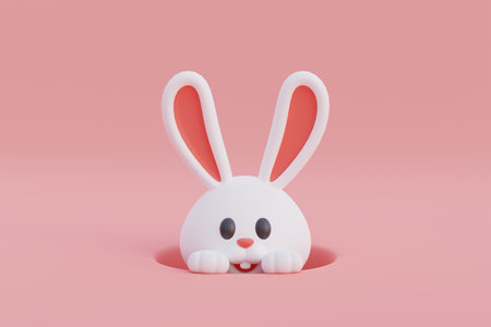 Cute cartoon bunny isolated on pink background. Happy Easter day. International Spring Celebration....