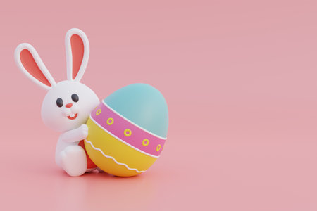 Cute cartoon bunny and easter eggs isolated on pink background. Happy Easter day. International Spring Celebration. 3d rendering.の写真素材
