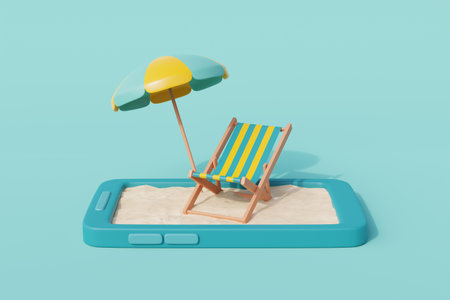 3d summer beach on Smartphone with Beach chair, umbrella and summer elements. Summer vacation. 3d rendering.の写真素材