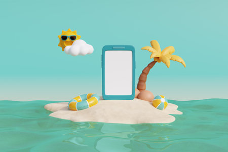 3d Summer tropical sand beach on a sunny day with Smartphone, coconut trees and summer elements. 3d rendering.の写真素材