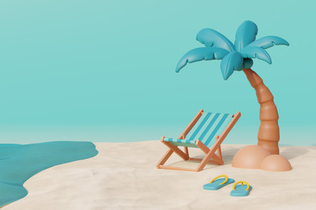 3d Summer tropical sand beach on a sunny day with Beach chair, umbrella, coconut tree and summer elements. 3d rendering.の写真素材
