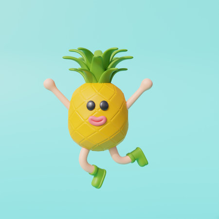 3d Pineapple character isolated on blue blackground. Summer vacation. 3d rendering.の写真素材