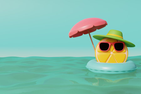 3d Lemon wearing sunglasses with inflatable ring floating in the sea, Summer tropical beach on a sunny day. Summer vacation. 3d rendering.の写真素材