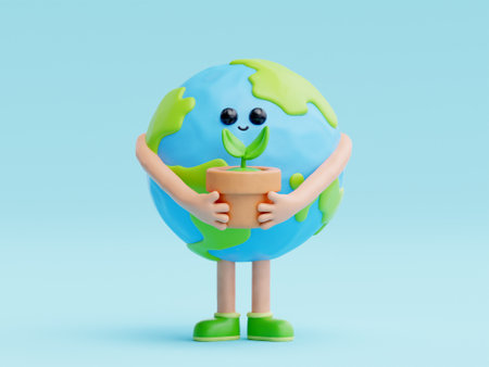 3D cute earth cartoon character, world Environment day, save planet and energy, eco friendly, 3d rendering.の写真素材