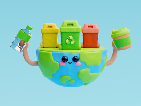 3D cute earth cartoon character, world Environment day, save planet and energy, eco friendly, 3d rendering.の写真素材