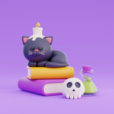 3D cute Halloween black cat cartoon character, trick or treat party, october holiday, 3d rendering.の写真素材