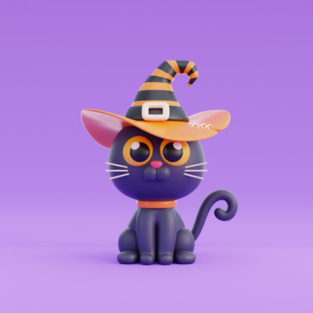 3D cute Halloween black cat cartoon character, trick or treat party, october holiday, 3d rendering.の写真素材