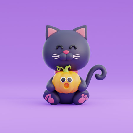 3D cute Halloween black cat cartoon character, trick or treat party, october holiday, 3d rendering.の写真素材